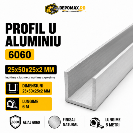 Profil U aluminiu 25 x 50 x 25 x 2 mm, 6 metri
